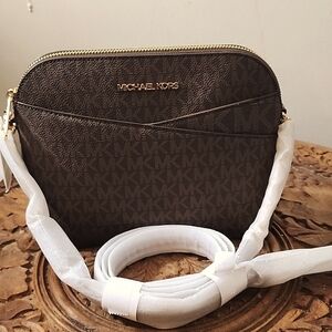 Michael Kors Brown Crossbody Bag with Gold Chain And Leather and Zip Closure